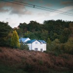 white and blue house on forest